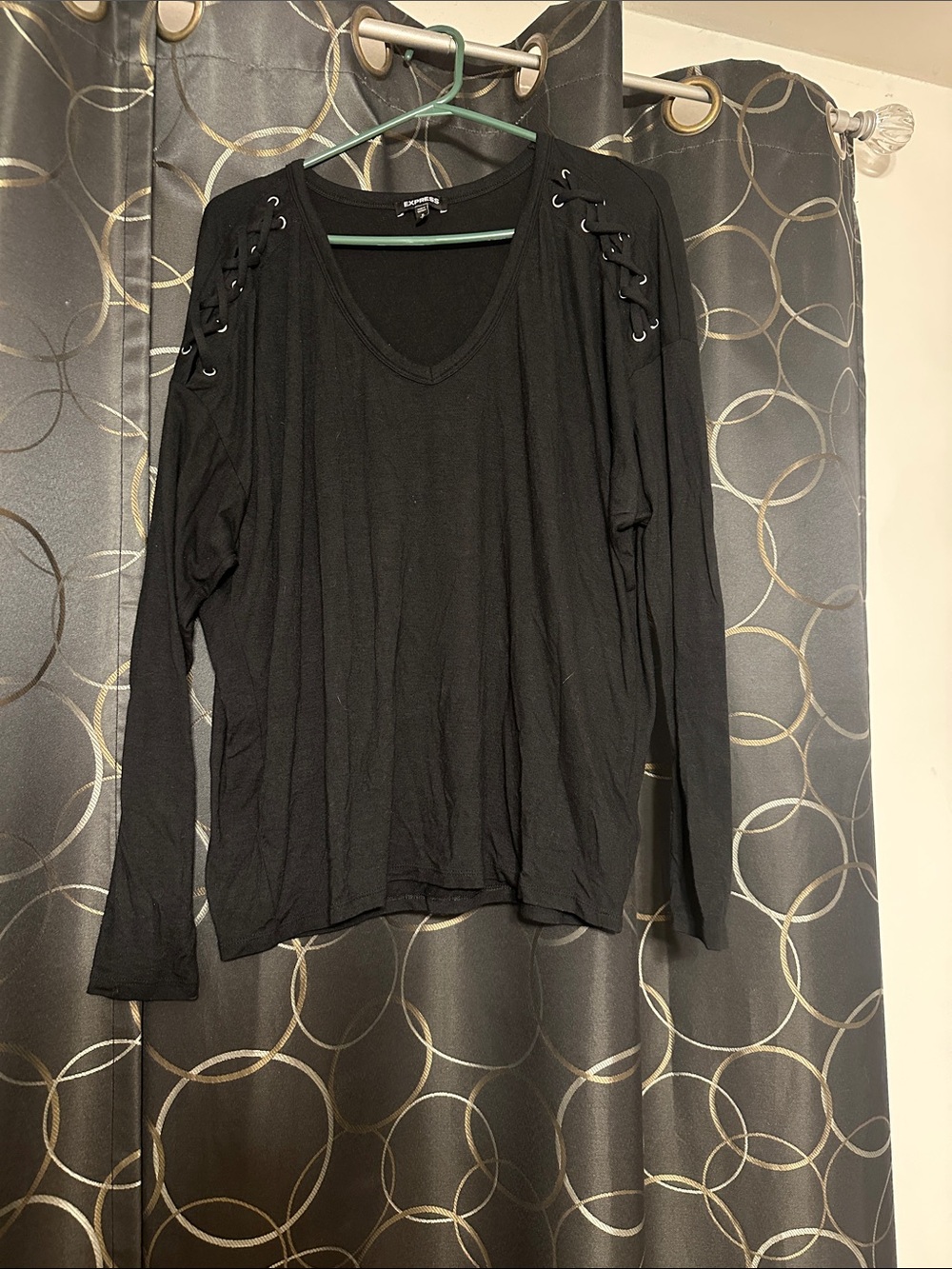 Express Black Long-Sleeve V-Neck Top with Lace-Up Shoulders